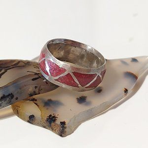 Sterling Silver Red Coral Chip Inlay Native American Western Ring Size: 3 5 6 7